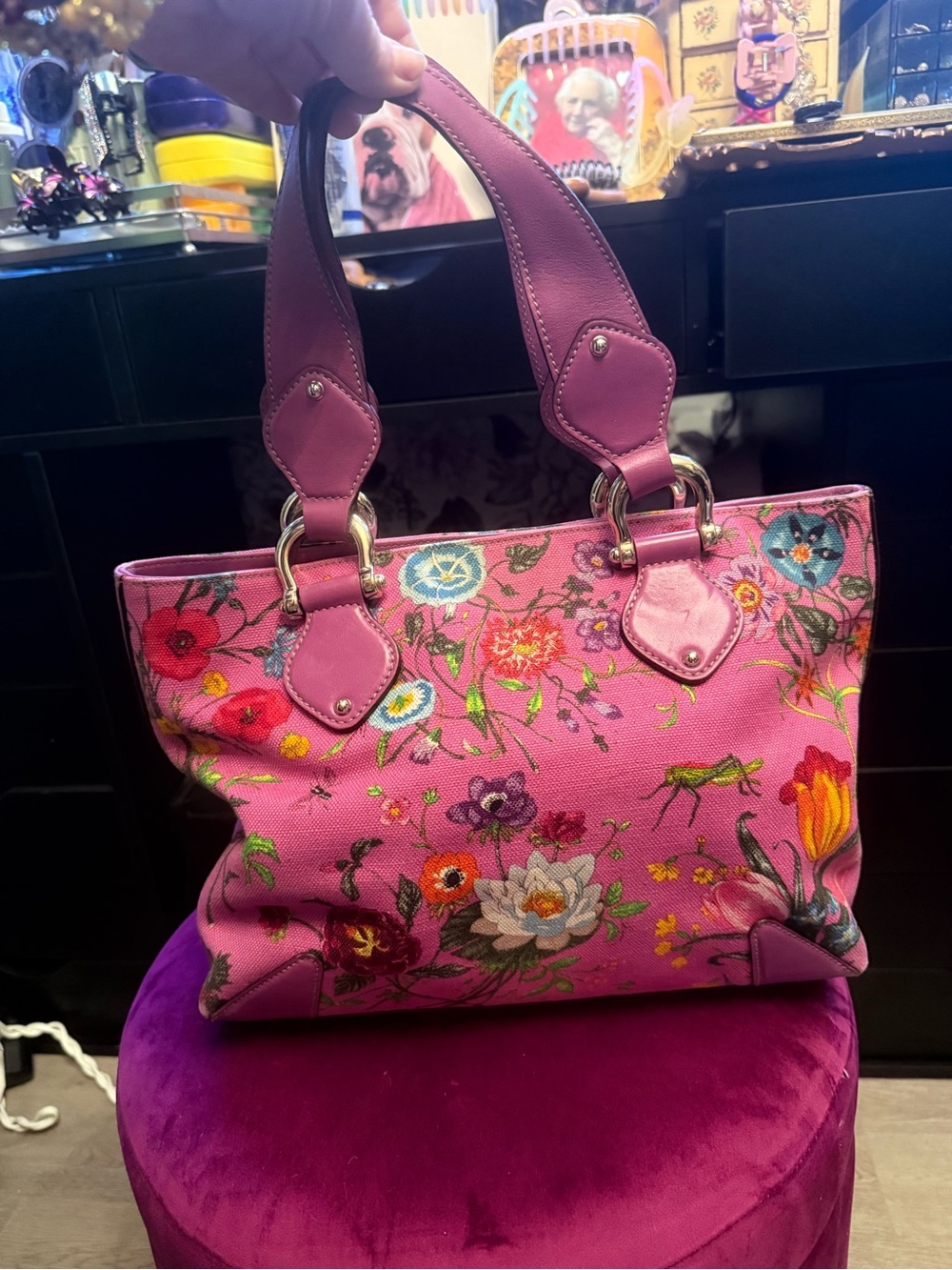 Gucci Pink Floral Canvas Tote with Leather Trim